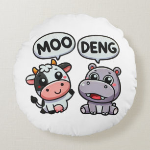 Cute Moo Deng & Cow Fun Round Cushion