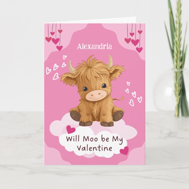 Cute Moo Highland Cow Valentine Holiday Card (Front)