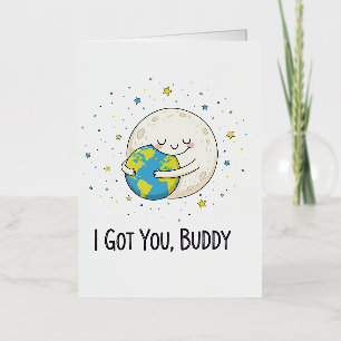 Cute Moon and Earth Hug Illustration with Foil Greeting Card