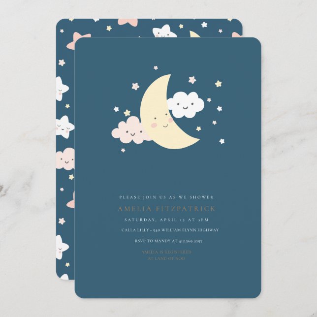 Cute Moon and Star Baby Shower Invitation Navy (Front/Back)