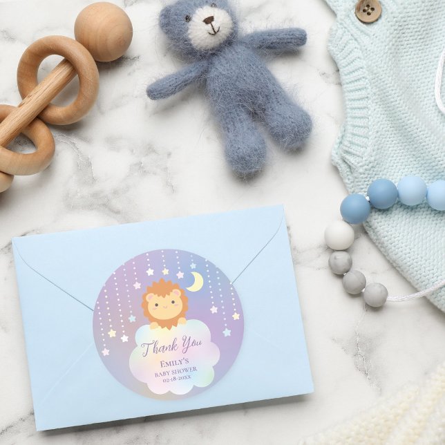Cute Moon and Stars Lion Cub Baby Shower Thank You Classic Round Sticker (Creator Uploaded)