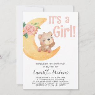 Cute Moon Bear Baby Shower Girl Invitation