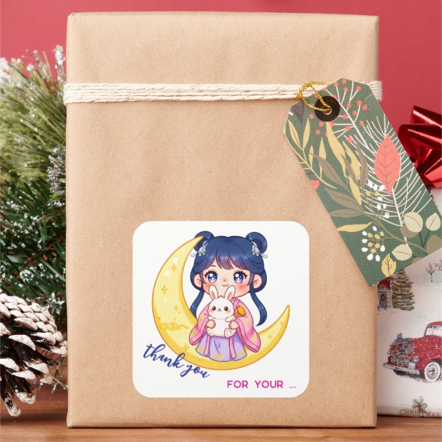 Cute Moon Bunny Girl  Square Sticker (Holiday)
