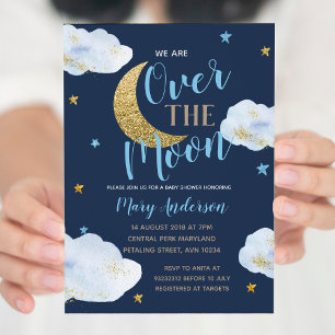 Cute Moon Navy Blue and Gold Baby Shower Invitation