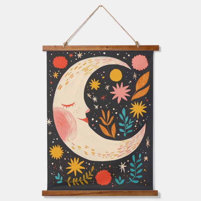 Cute Moon Night Sky Boho Floral Illustration Hanging Tapestry (Front)