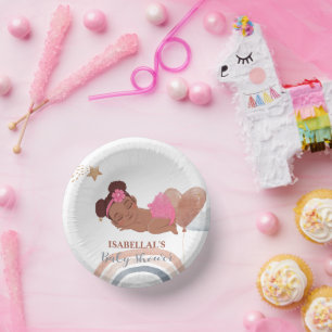 Cute moon star African american kids baby shower Paper Plate