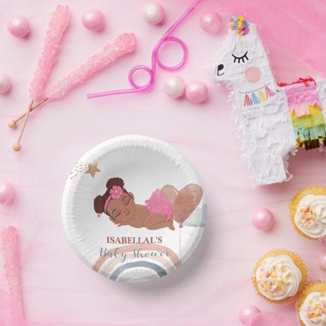 Cute moon star African american kids baby shower Paper Plate (Party)