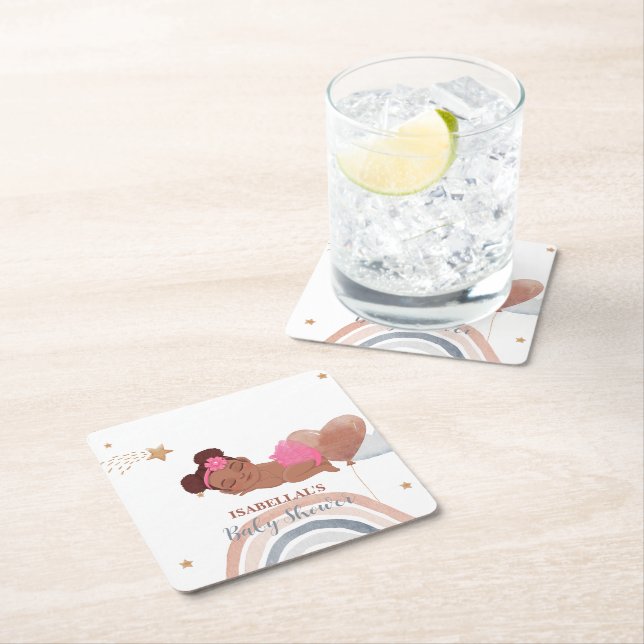 Cute moon star African american kids baby shower Square Paper Coaster (Insitu)