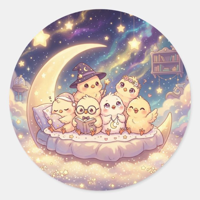 Cute Moon Storytime Chicks Sticker (Front)