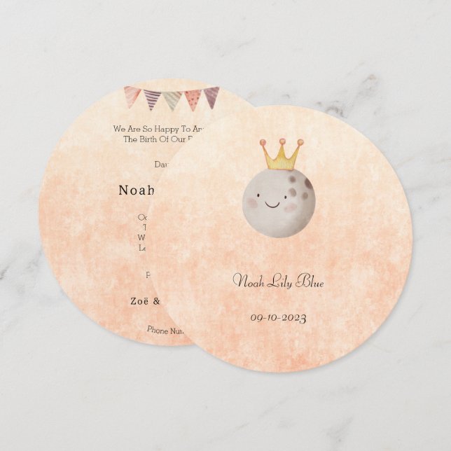 Cute Moon With Crown Baby Girl Card (Front/Back)