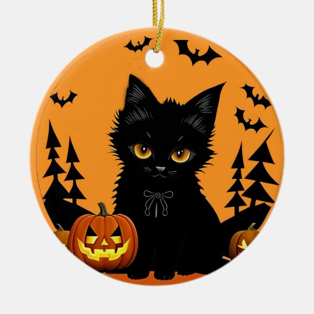 🌕🐱 Cute Moonlit Cat & Pumpkin Halloween Magic ✨ Ceramic Ornament (Front)