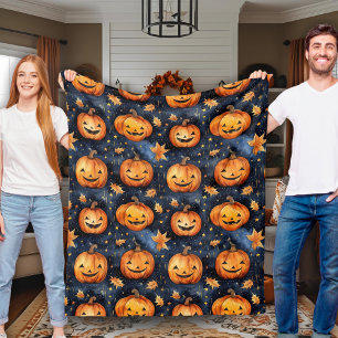 Cute Moonlit Jack-O-Lantern Pumpkins Halloween Fleece Blanket