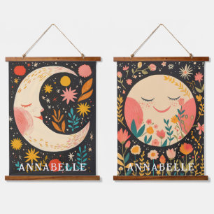 Cute Moons Boho Floral Illustration First Name Hanging Tapestry