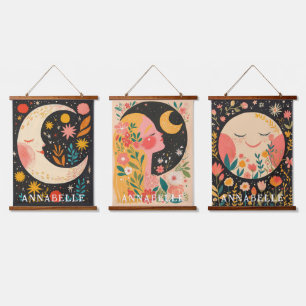 Cute Moons Boho Floral Illustration First Names Hanging Tapestry