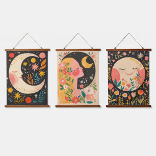 Cute Moons Boho Floral Illustration Hanging Tapestry