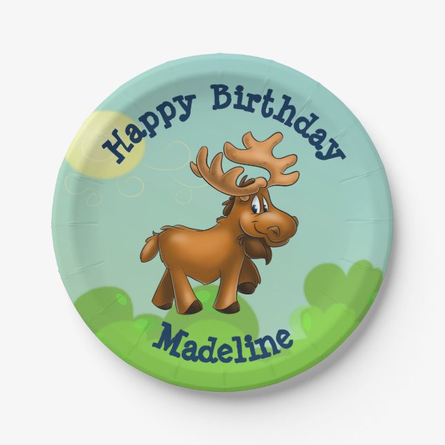 Cute Moose Birthday Party Plates (Front)