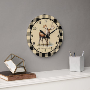 Cute Moose cabin add Family name Large Clock
