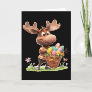Cute Moose Carrying Easter Sket With Eggs And Flow Card