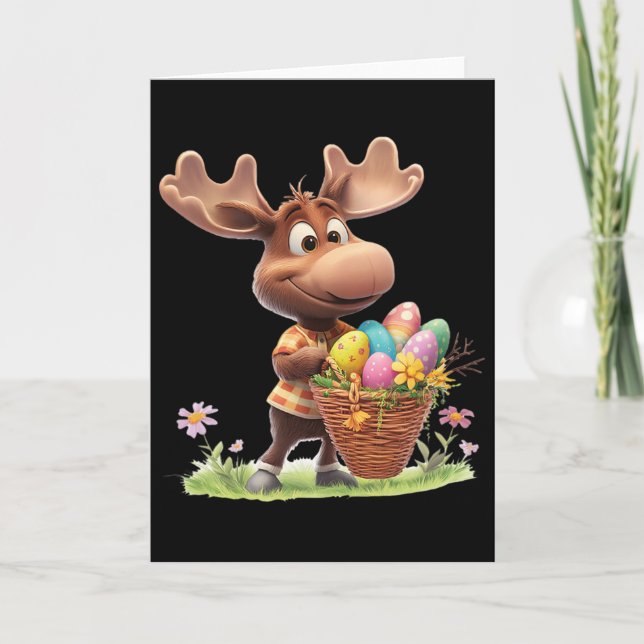 Cute Moose Carrying Easter Sket With Eggs And Flow Card (Front)
