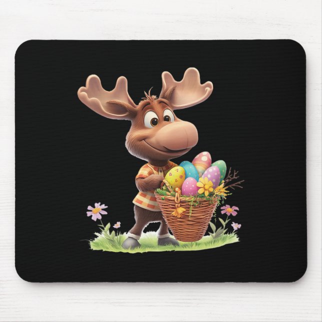 Cute Moose Carrying Easter Sket With Eggs And Flow Mouse Pad (Front)