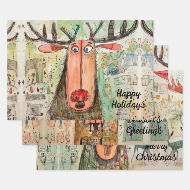 Cute Moose Christmas Typography Modern Fun 3-pc Wrapping Paper Sheet (Set)