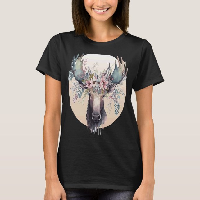 Cute Moose Flower Crown Animal T-Shirt (Front)