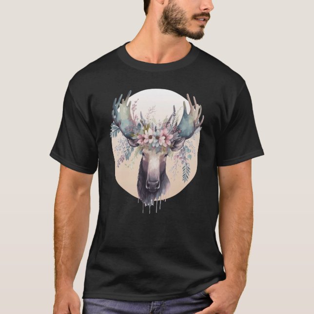 Cute Moose Flower Crown Animal T-Shirt (Front)