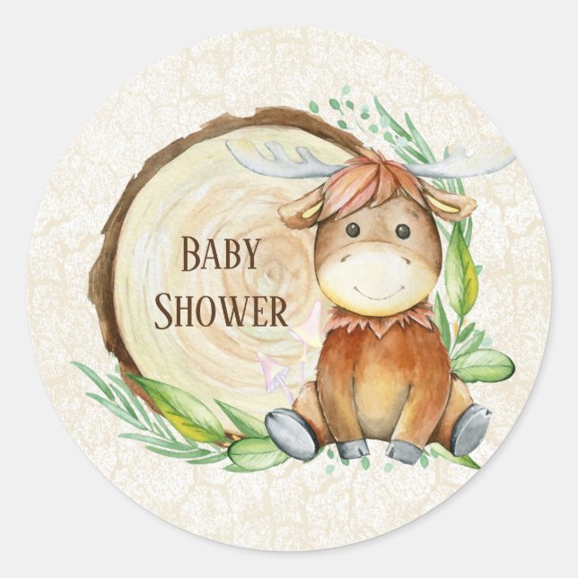  Cute Moose Greenery Wood Slice Baby Shower Classic Round Sticker (Front)