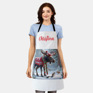 Cute Moose in Snowy Forest Christmas Personalised Apron