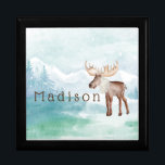 Cute Moose Personalised Holiday Gift Box<br><div class="desc">Watercolor holiday illustration features cute moose with winter scene background. Personalise with customisable text in modern brown font</div>