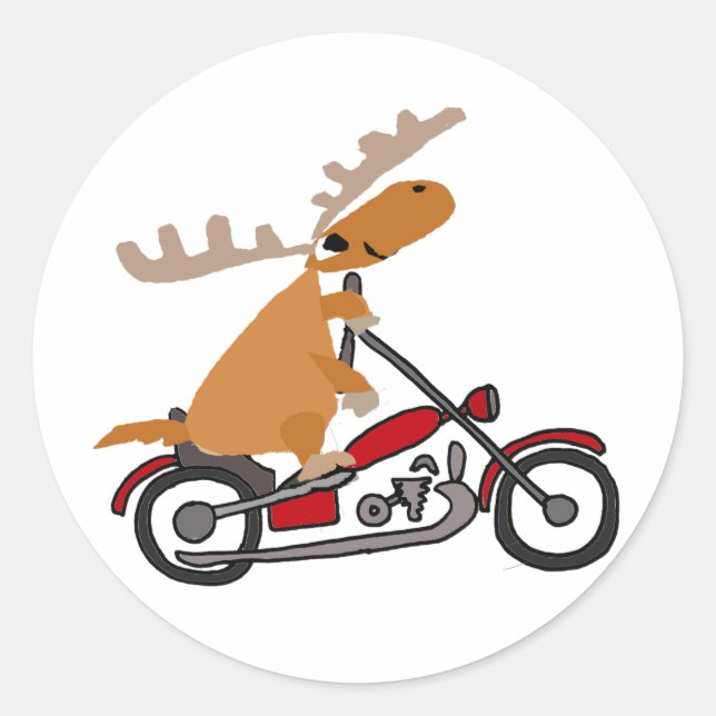Cute Moose Riding Motorcycle Cartoon Classic Round Sticker (Front)