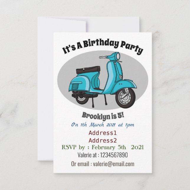 Cute moped motorcycle cartoon illustration invitation (Front)