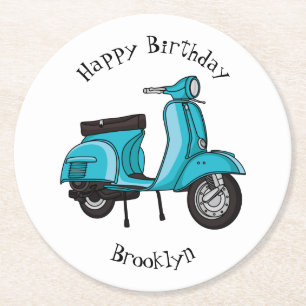 Cute moped motorcycle cartoon illustration round paper coaster