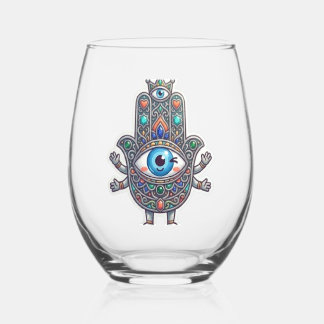 Cute Moroccan Amazigh Hamsa Evil Eye Kawaii Sticke Stemless Wine Glass