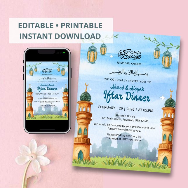 Cute Mosque & Lantern Illustration Iftar Invitation (Creator Uploaded)