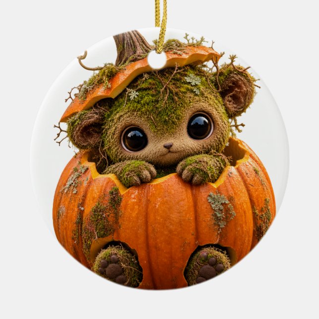 Cute Mossy Pumpkin Creature Ornament (Front)