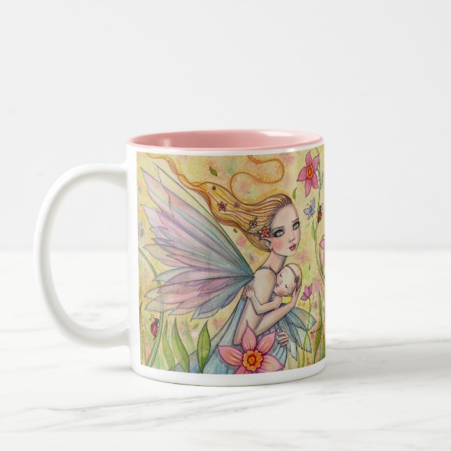 Cute Mother and Baby Fairy Whimsical Fantasy Art Two-Tone Coffee Mug (Left)