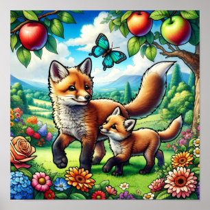 Cute Mother and Baby Fox in Colourful Flower Garde Poster