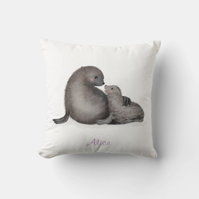 Cute mother and baby fur seals nursery cushion (Front)