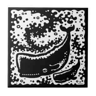 Cute Mother and Calf Whales Ceramic Tile