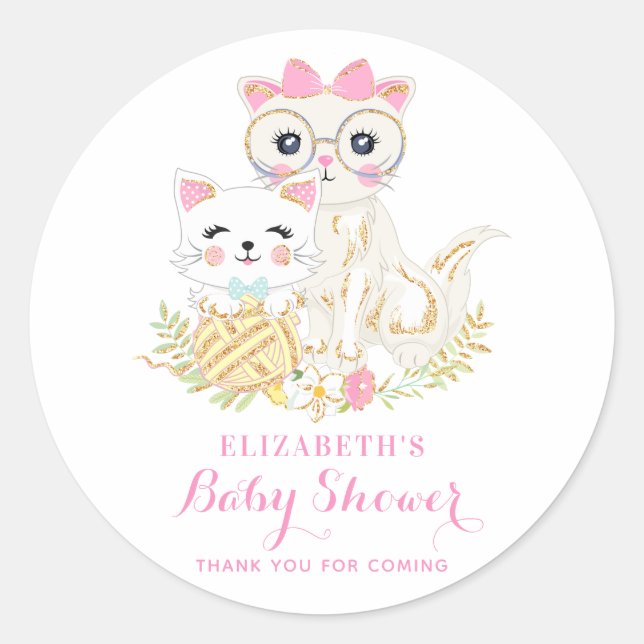 Cute Mother and Daughter Cats Floral Baby Shower Classic Round Sticker (Front)