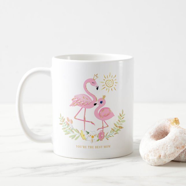 Cute Mother and Daughter Flamingo Glitter Floral Coffee Mug (With Donut)