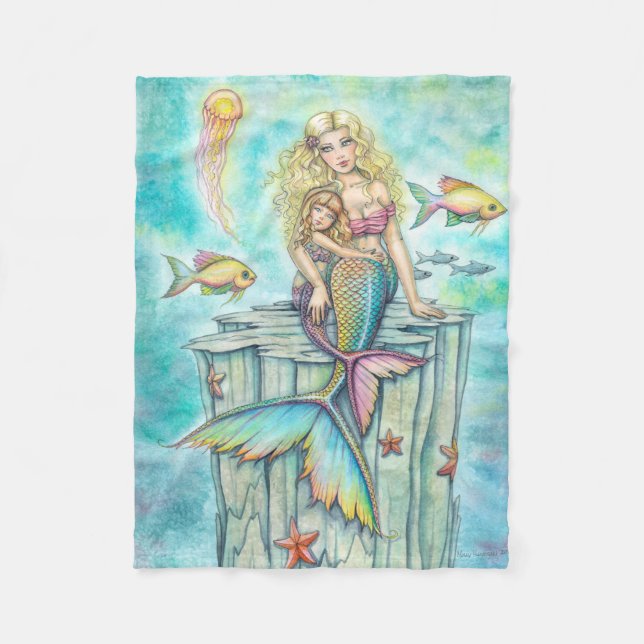 Cute Mother and Daughter Mermaid Fantasy Art Fleece Blanket (Front)
