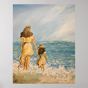 Cute mother and daughter painting poster