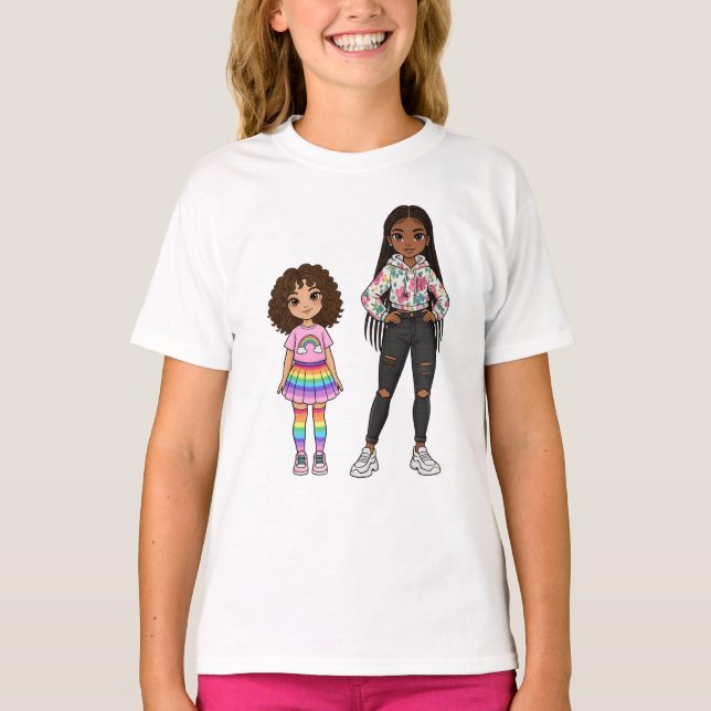 Cute Mother and Daughter Rainbow Illustration Long T-Shirt (Front)