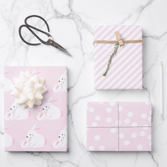 Cute Mother & Baby Girl Bunny | Pink Wrapping Paper Sheet (Front)