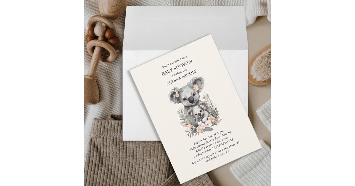 Cute Mother Baby Koala Girl Baby Shower Invitation | Zazzle