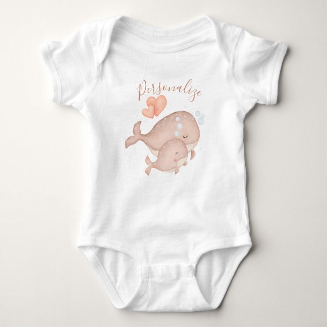 Cute Mother Baby Whales Love Hearts Personalised Baby Bodysuit (Front)