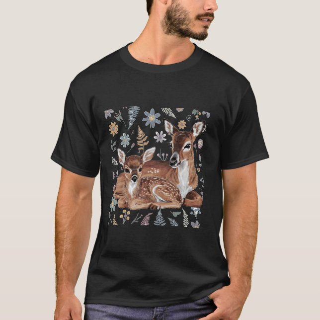 Cute mother Deer and Baby Fawn Abstract T-Shirt (Front)