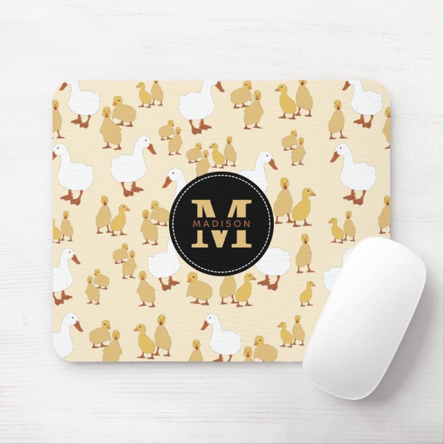 Cute Mother Duck & Baby Duckling Pattern Monogram Mouse Pad (With Mouse)